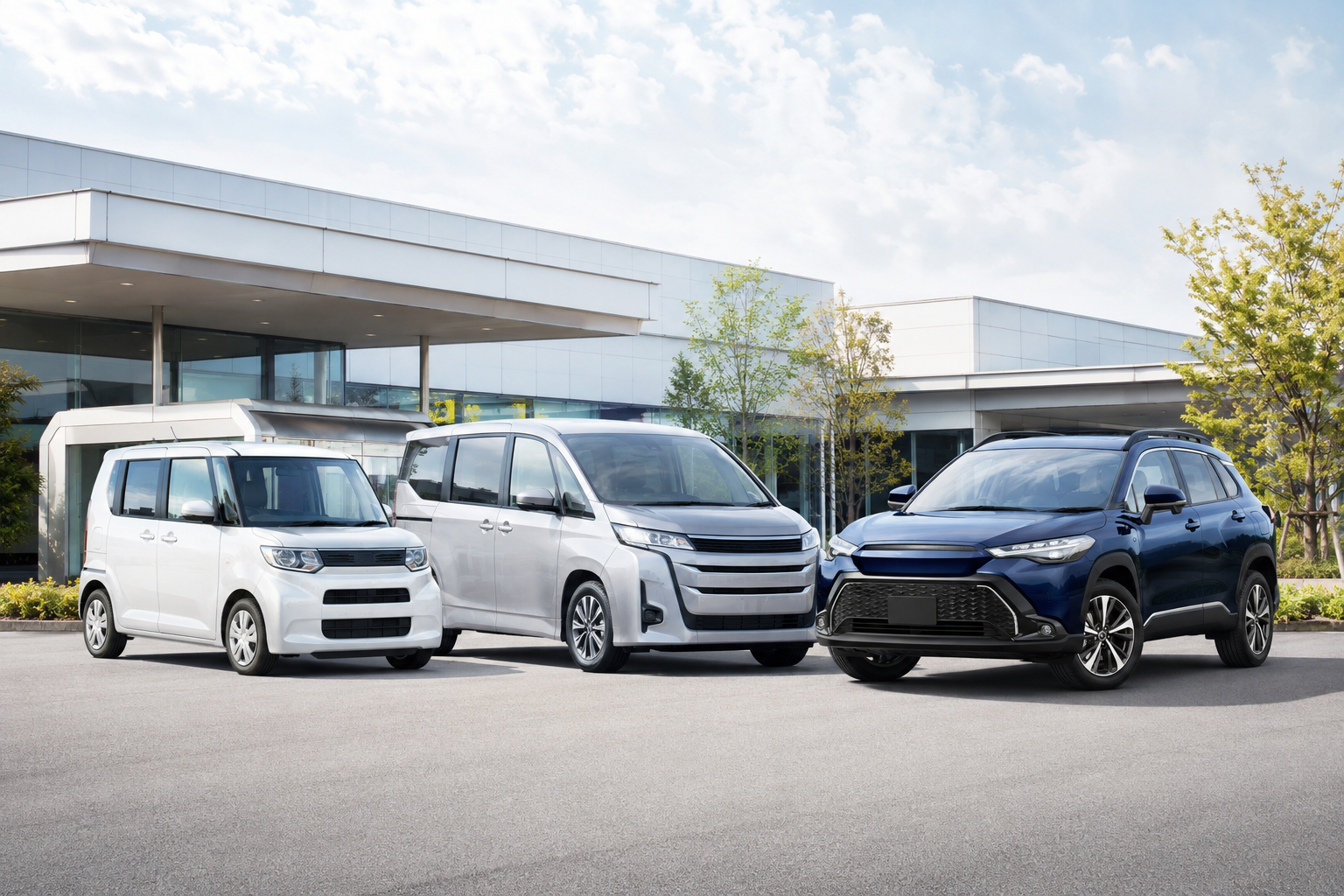 軽自動車、ミニバン、SUVが並ぶ展示場
